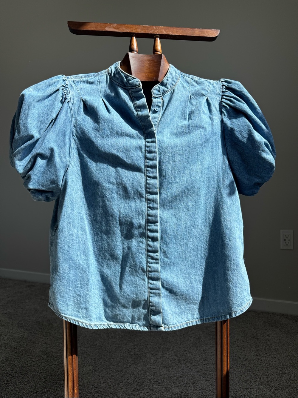 Industry Chambray Balloon Puff Sleeve Denim Blouse Cotton Top L Romantic